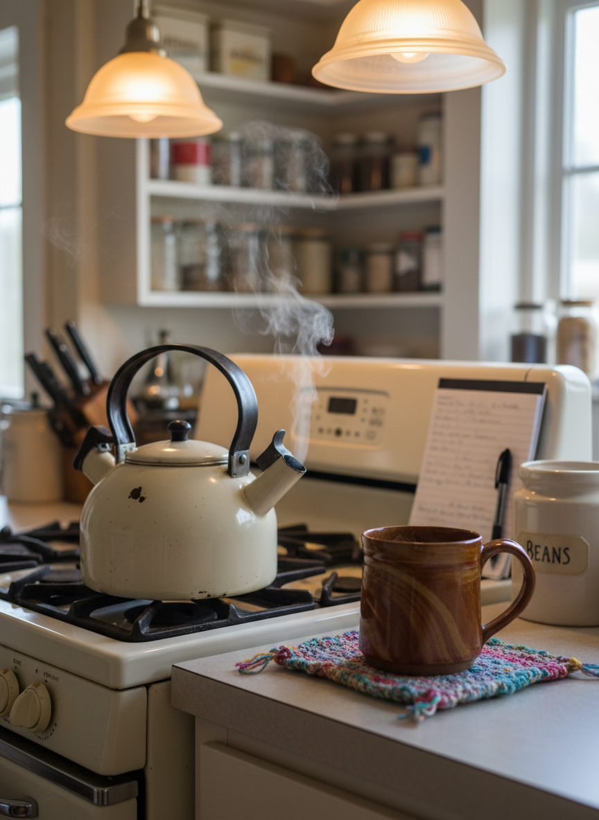 An old enamel stovetop kettle whistling gently on a vintage cream-colored gas range inside a cozy rural kitchen. Next to it, a hand-thrown stoneware mug is perched on a wrinkled, yarn-knit coaster in bright, mismatched colors. On the counter, a coffee-stained notebook leans against a ceramic canister labeled “Beans,” with a pen tucked into its spiral. Warm overhead pendant lights and dim morning window light mix to create a soft, lived-in glow, with reflections glinting on the kettle’s curved surface. Photographic realism with a playful, slightly chaotic charm, composed at countertop height with a shallow depth of field, allowing the stove and mug to be in sharp focus while shelves of mismatched jars and tins recede into a gentle blur.