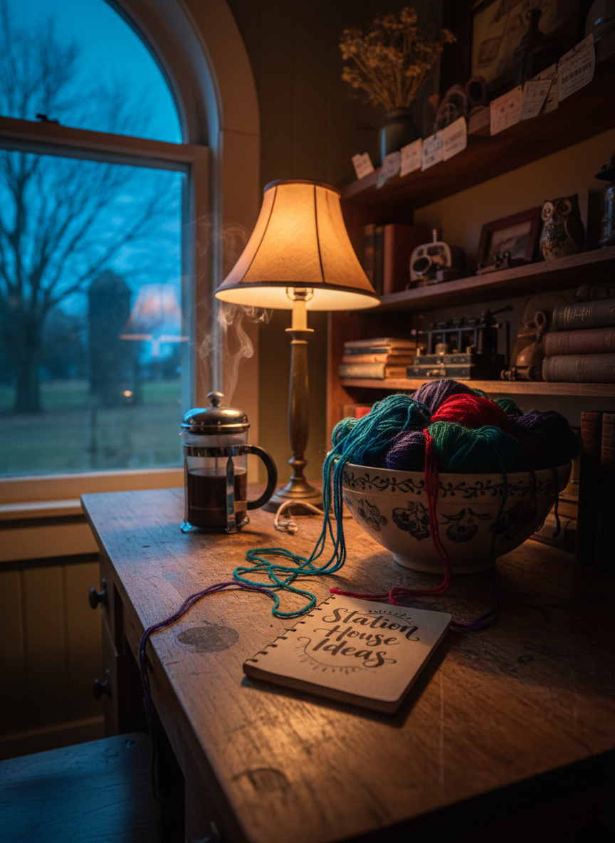 A cluttered yet charming rural writing nook tucked into the corner of an old station house, featuring a narrow wooden desk scarred with scratches and coffee rings. A steaming French press sits beside an overflowing ceramic yarn bowl, strands of jewel-toned yarn spilling toward a small, well-worn notebook with hand-lettered cover reading “Station House Ideas.” A vintage lamp with a slightly crooked shade casts warm, directional light, while cool blue twilight filters through a nearby window, revealing silhouettes of trees and a distant silo. Photographic realism with a moody, introspective yet playful atmosphere. Captured from a three-quarter angle, using rule-of-thirds composition and moderate depth of field so the workstation is sharp while shelves of quirky rural knickknacks blur softly behind.