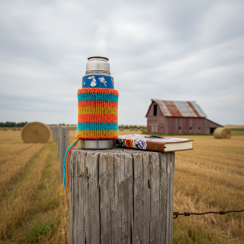 A sun-faded wooden fence post at the edge of a rural field, wrapped in a partially knitted, quirky yarn-bomb style cozy in bright oranges, teals, and mustard yellow. A small, battered metal thermos of coffee rests on the top rail beside a closed, sticker-covered notebook. Behind, hay bales and a distant weathered barn sit under a wide, overcast sky that diffuses the light into a soft, even glow, reducing harsh shadows. Photographic realism with a playful, slightly rebellious country mood. Shot from a low-angle perspective emphasizing the post against the sky, using shallow depth of field so the colorful yarn and thermos are crisply detailed while the rural landscape fades into a gentle, muted background.