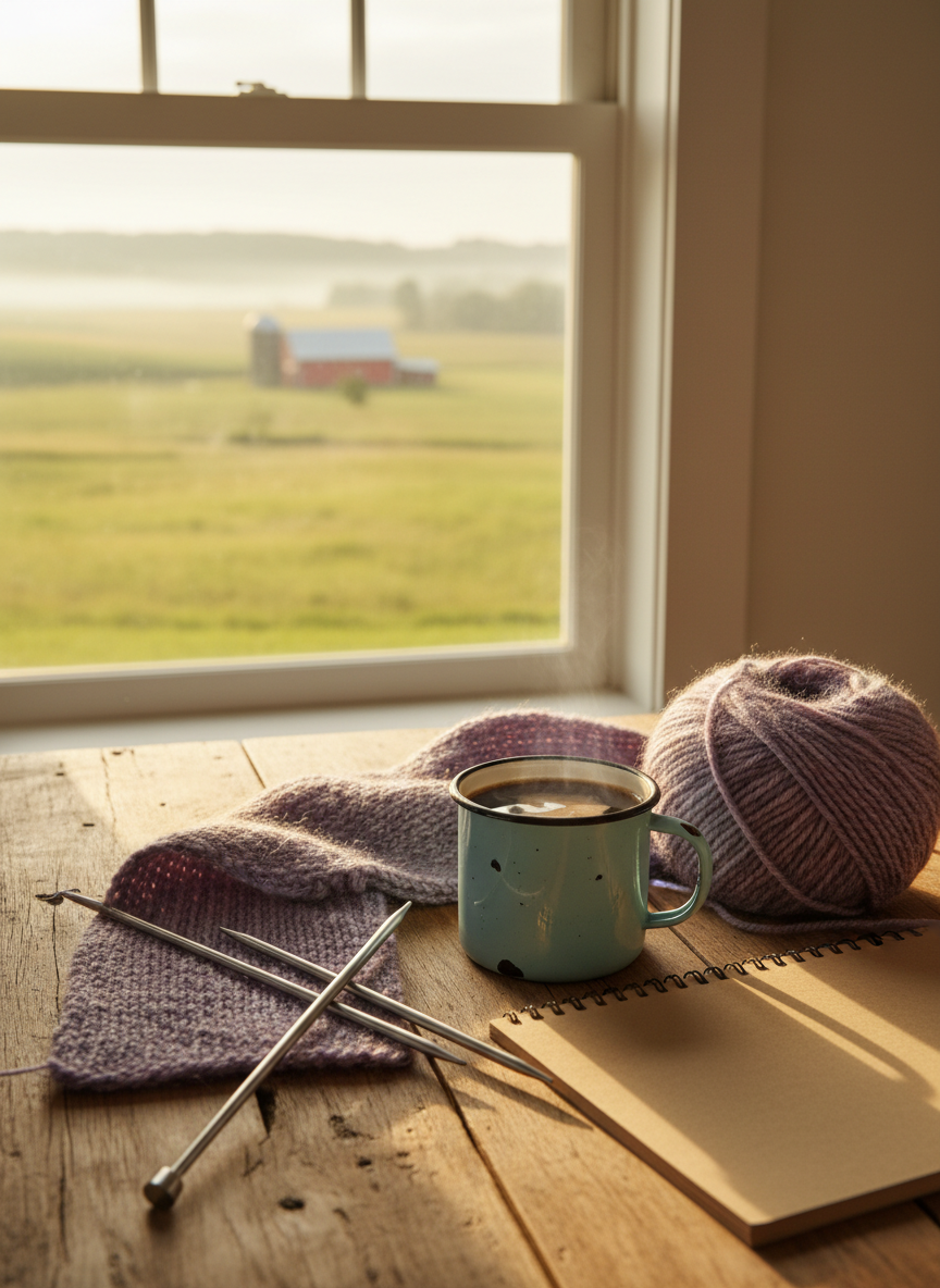 A weathered wooden farmhouse table scattered with a half-finished knitted scarf in heathered wool, a chipped enamel mug filled with dark coffee, and a spiral-bound notebook opened to a blank page. A chunky ball of yarn rests near a pair of metal knitting needles, their tips catching the light. The scene is set beside a single-paned window overlooking soft-focus rolling fields and a distant red barn. Early morning natural light pours in, creating gentle highlights on the mug and soft shadows in the yarn. Photographic realism with a cozy, slightly playful mood, shot at eye level with shallow depth of field so the table details are crisp while the rural landscape blurs into a warm, inviting bokeh.