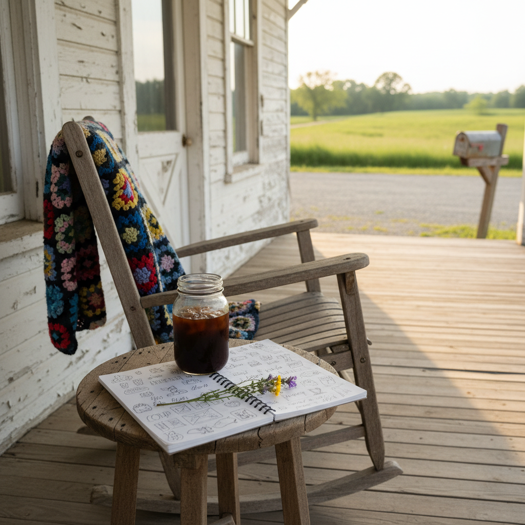 A rustic front porch of a rural station house with peeling white paint, a creaky wooden rocking chair draped with a colorful, hand-crocheted blanket, and a small side table holding an oversized mason jar of iced coffee beading with condensation. A well-used notebook with doodled margins lies open, anchored by a twig of wildflowers. Late afternoon golden hour sunlight slants across the boards, emphasizing the grain and imperfections while casting long, whimsical shadows. The background shows a gravel driveway, an old mailbox, and distant green pastures in soft focus. Photographic realism, shot from a slightly elevated angle following the rule of thirds, creating a relaxed, playful, and slightly scrappy atmosphere of rural living held together by small comforts.